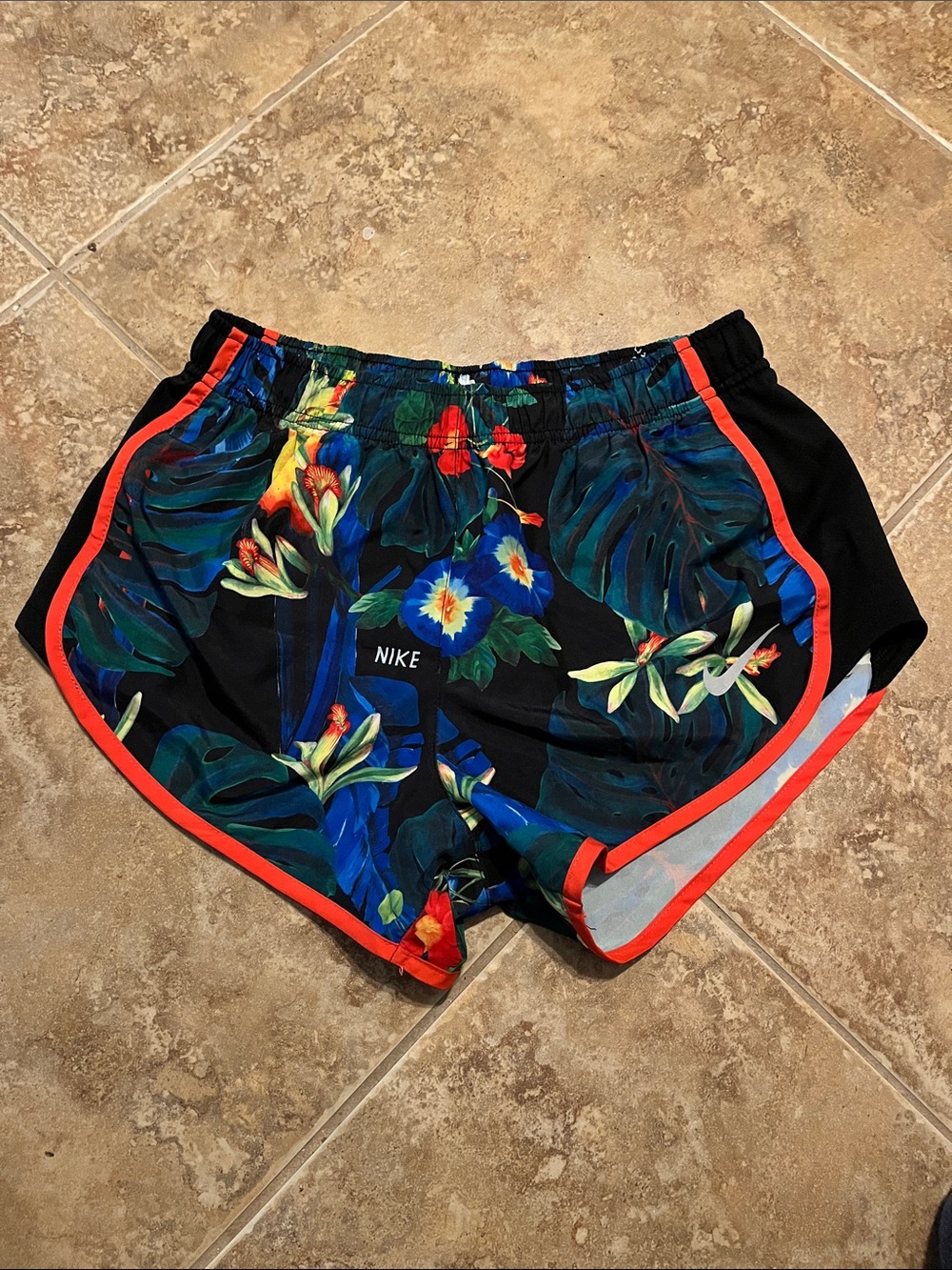 Women’s small Nike Black Tropical Floral Running Shorts with Red Trim